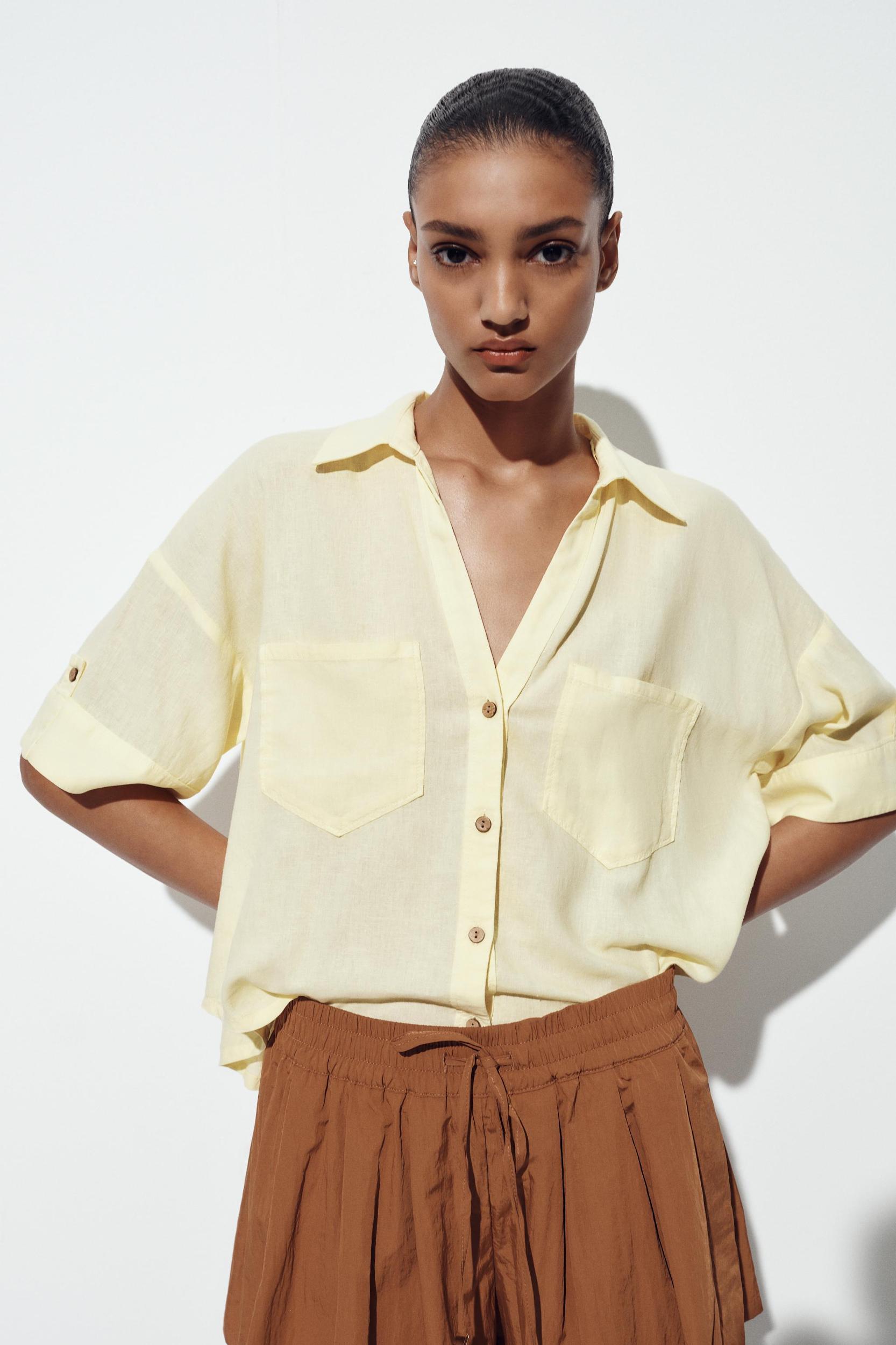 LINEN BLEND CROPPED SHIRT Product Image