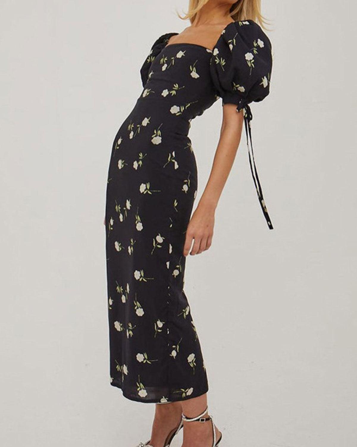 Black Square Neck Floral Midi Dress Product Image
