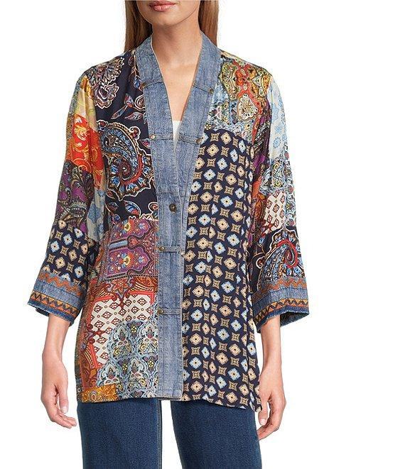 John Mark Embroidered Patchwork 3/4 Sleeve Open Front Kimono Product Image