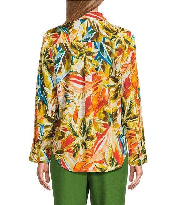 Investments Linen Blend Woven Palm Beach Multi Long Sleeve Point Collar Button Front Top Product Image