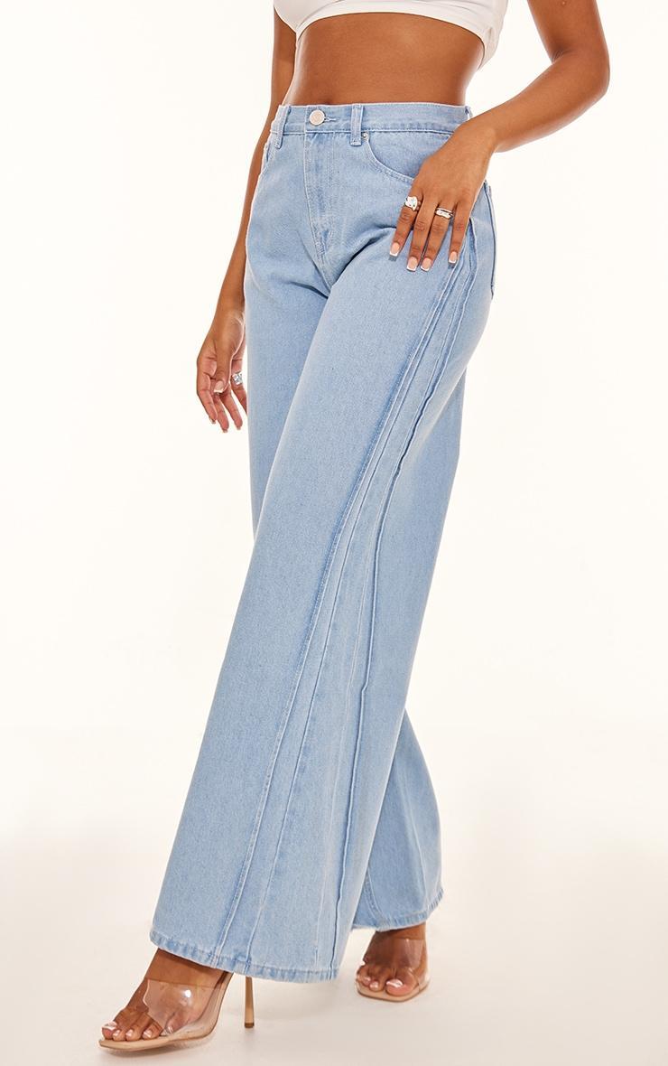 Light Blue Seam Detail Wide Leg Denim Jean Product Image