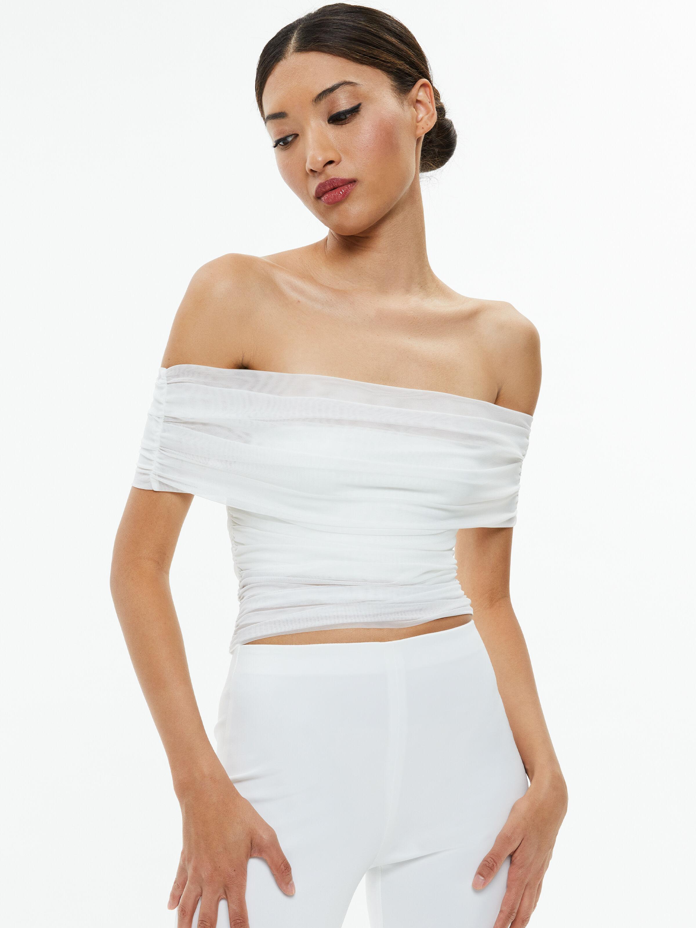 ALICE AND OLIVIA Isadola Over The Shoulder Ruched Top In Off White Product Image