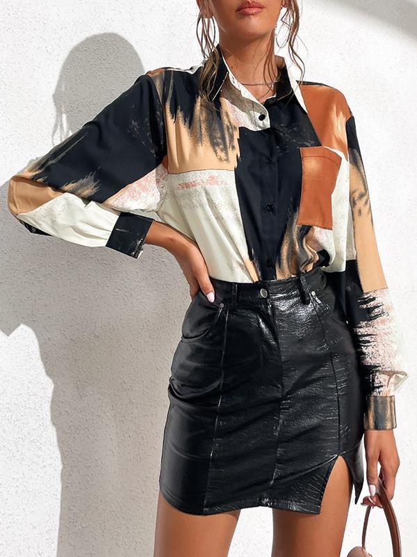 Long Sleeves Loose Asymmetric Printed Split-Joint Lapel Blouses&Shirts Tops Product Image