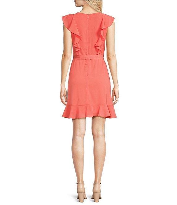 Leslie Fay V Neck Cap Sleeve Tie Sash Ruffle Sheath Dress Product Image