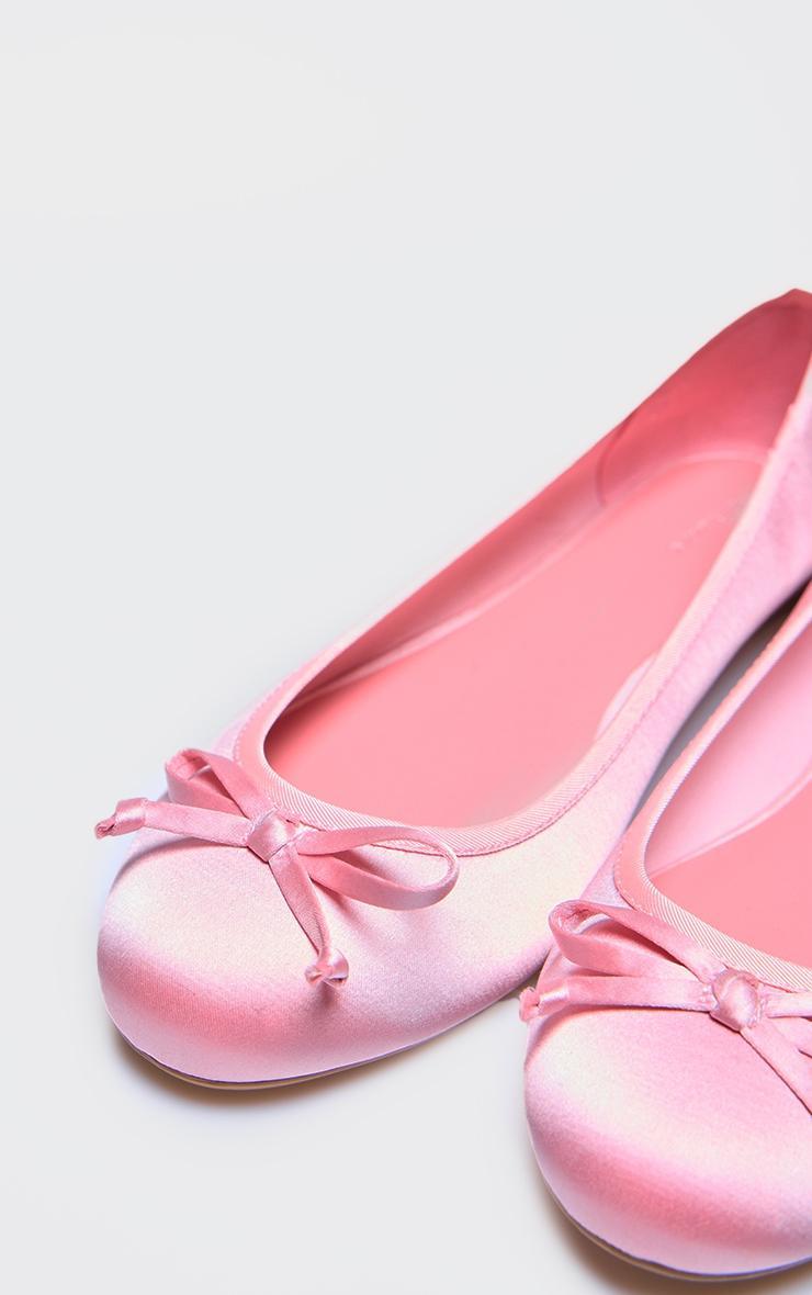 Pink Satin Round Toe Bow Detail Ballet Flats Product Image