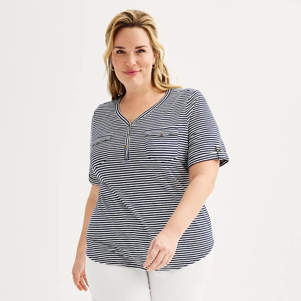 Plus Croft & Barrow Elbow Sleeve Utility Henley Top, Womens Blue Stripe Product Image