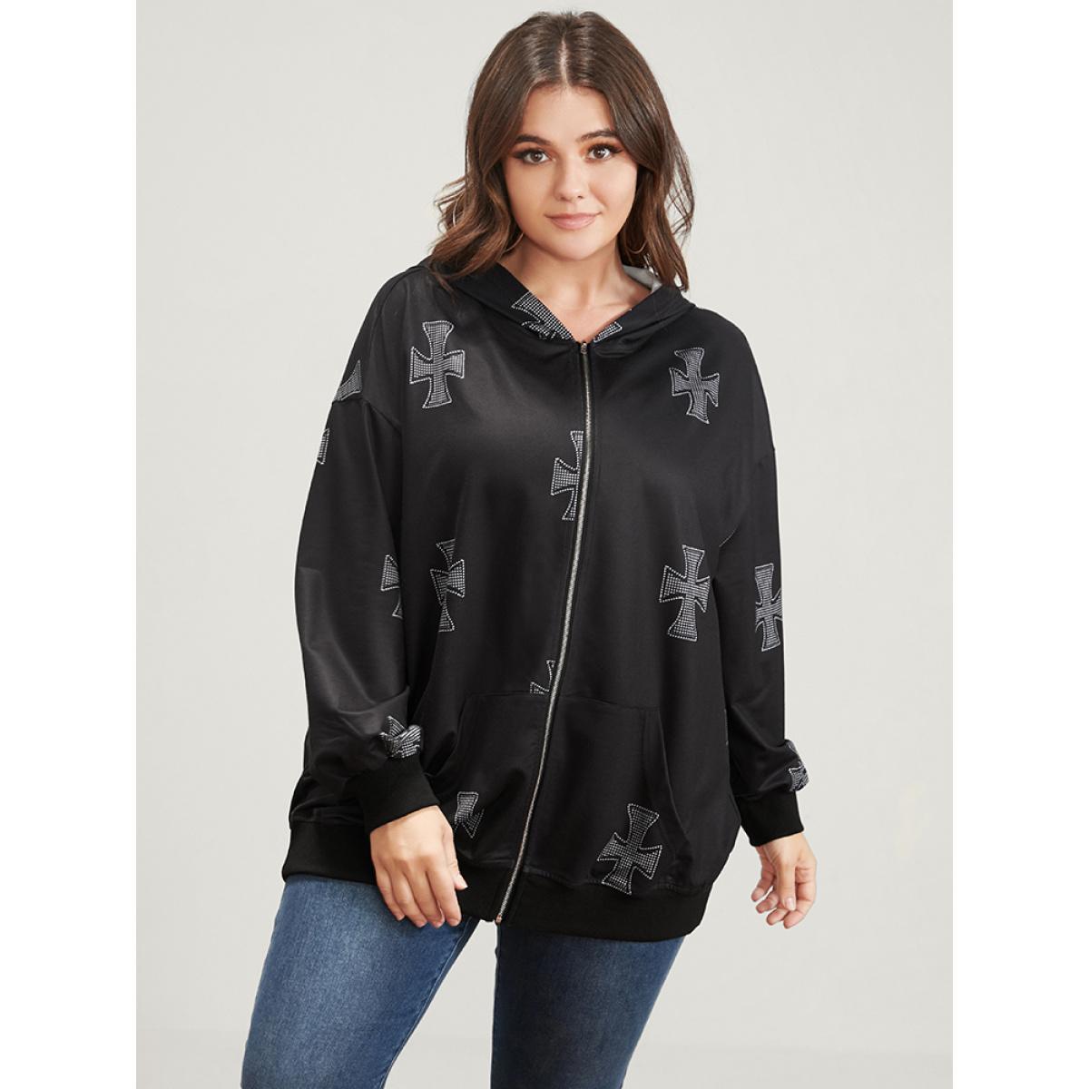 Plus Size Halloween Pocket Zipper Hooded Sweatshirt Women Black Casual Zipper Hooded Dailywear Sweatshirts BloomChic 28/5X Product Image