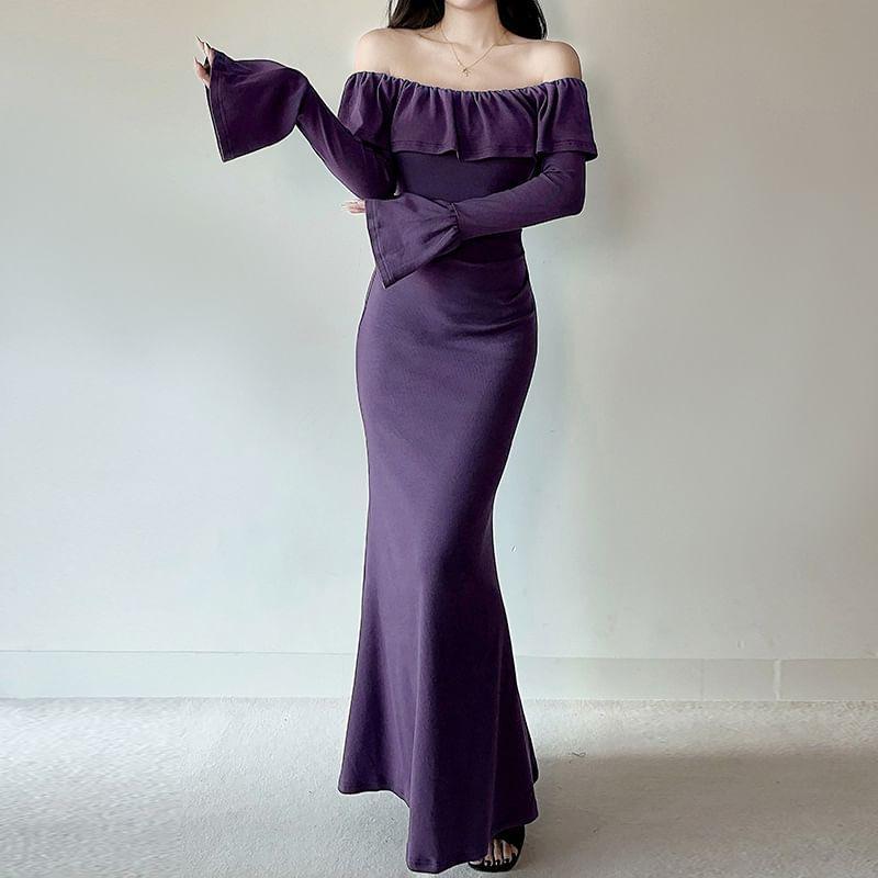 Long-Sleeve Off-Shoulder Plain Ruffle Trim Maxi Sheath Dress Product Image