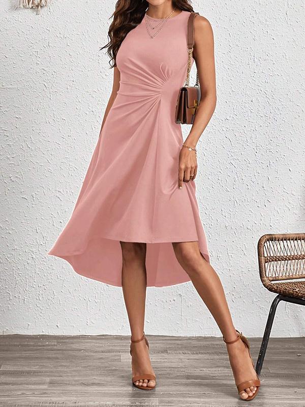 A-Line High Waisted Asymmetric Pleated Solid Color Split-Joint Round-Neck Midi Dresses Product Image