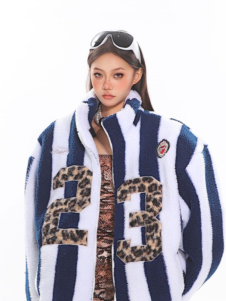 Stand Collar Numbering Applique Striped Fleece Zip Jacket Product Image