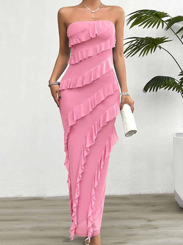 Bodycon High Waisted Ruffle Trim Solid Color Split-Back Split-Joint Tube Maxi Dresses Product Image