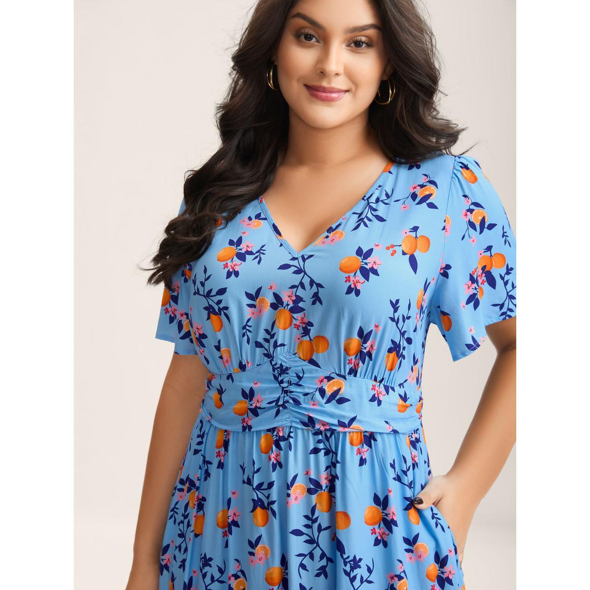 Plus Size Citrus Print Cinched-Waist Midi Dress Skyblue Women V-neck Short sleeve Curvy BloomChic 18-20/2X Product Image