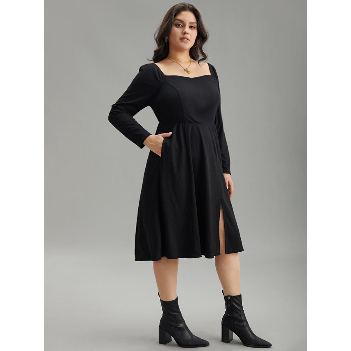 Plus Size Rib Knit Split Side Square Neck Dress Black Women Elegant Plain Square Neck Long Sleeve Curvy Midi Dress BloomChic 30/6X Product Image
