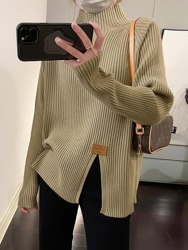 Long Sleeves Loose Split-Front Mock Neck Pullovers Sweater Tops Product Image