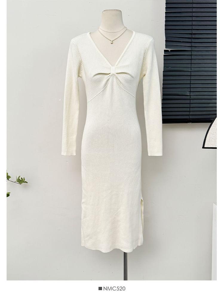 Twist-Front V-Neck Ribbed Midi Dress Product Image