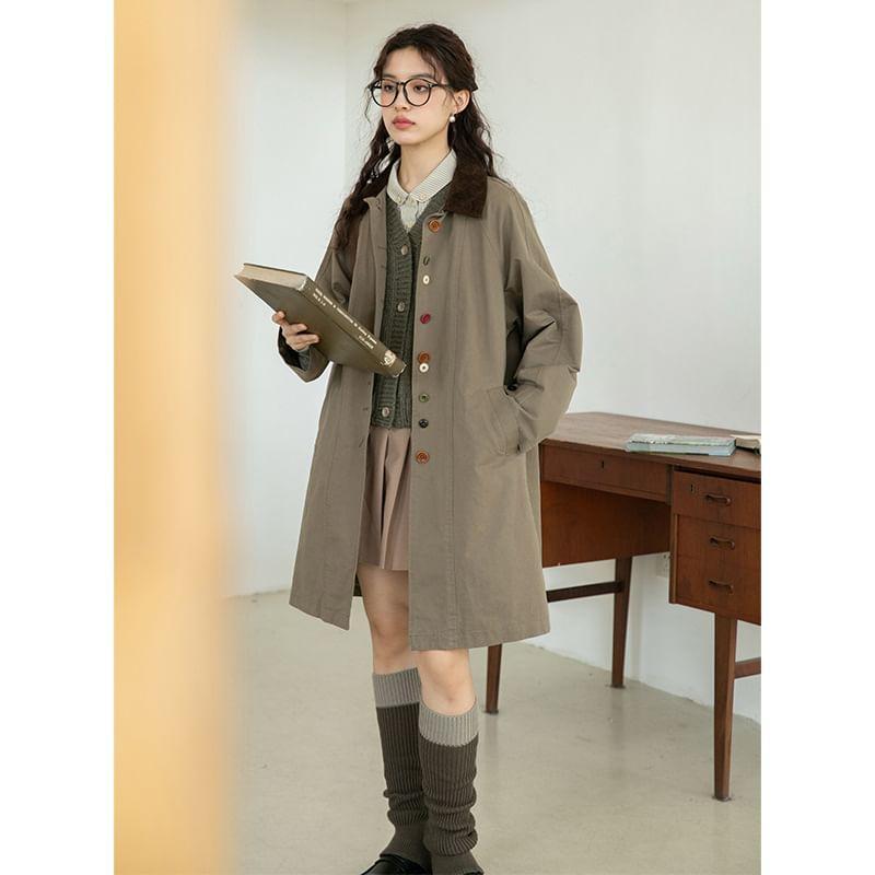 Contrast Corduroy Collar Button Trench Coat Product Image