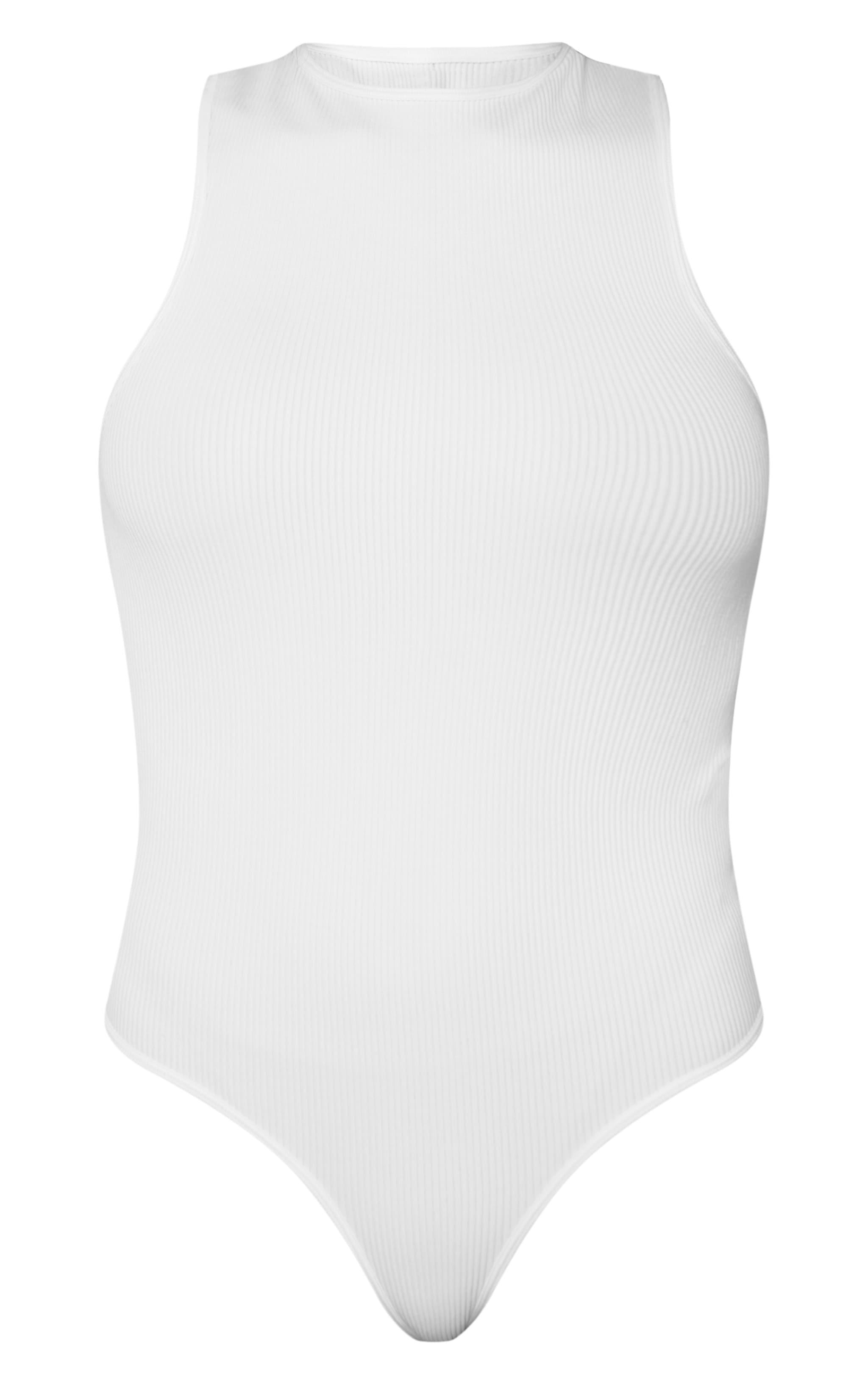 White Structured Contour Racer Neck Ribbed Bodysuit Product Image