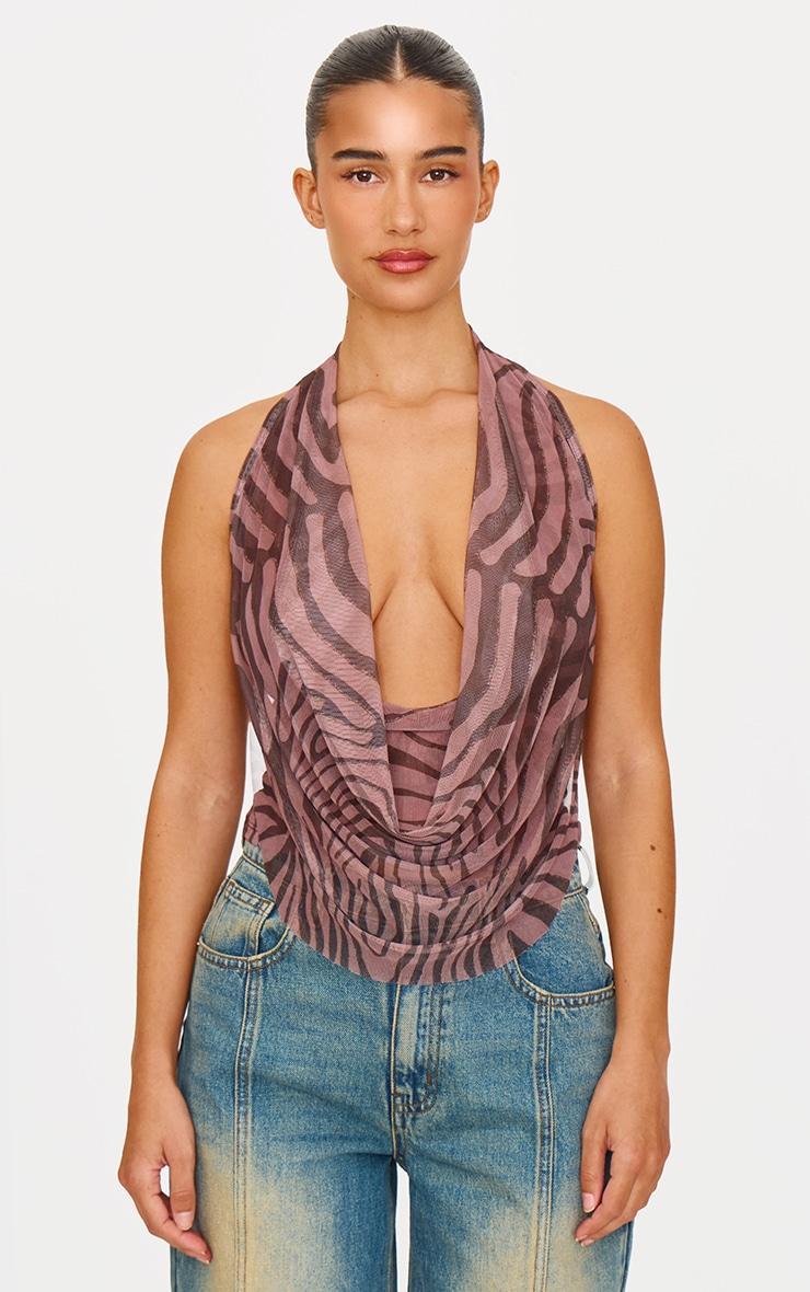 Brown Zebra Print Mesh Printed Halter Neck Top Product Image