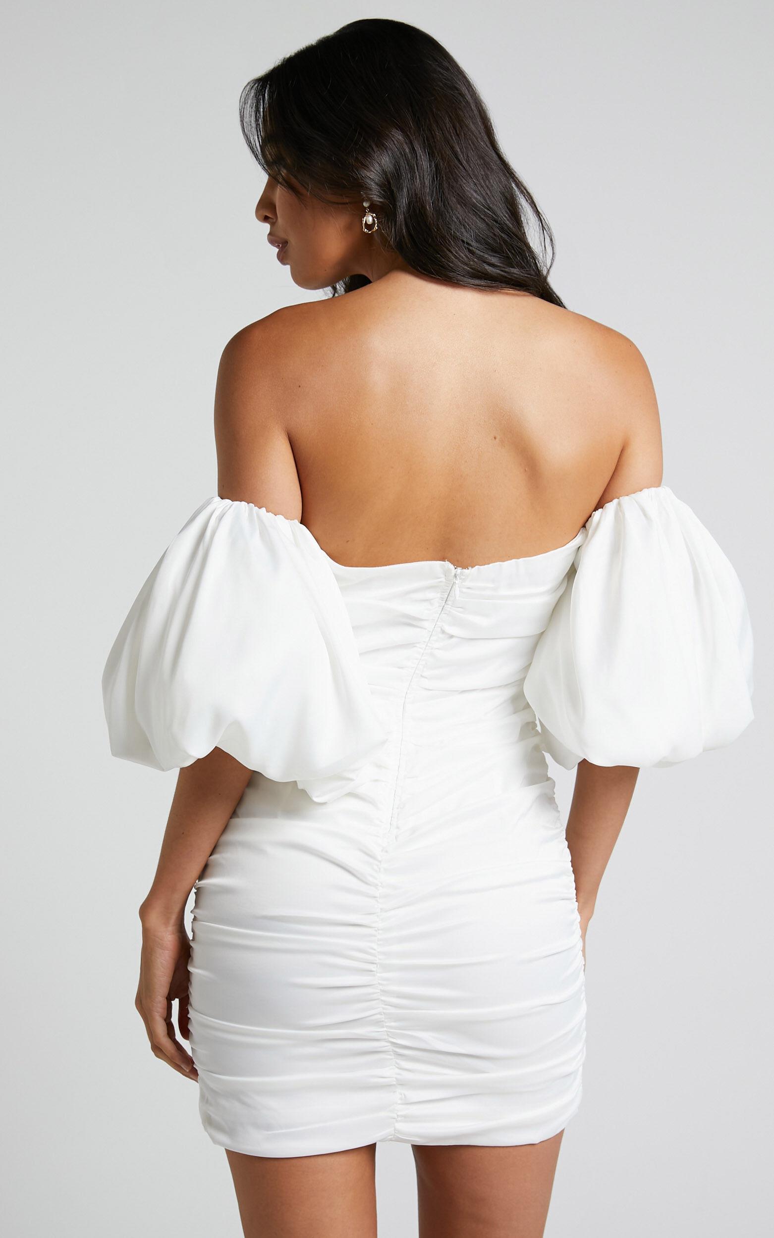 Betty Mini Dress - Off Shoulder Puff Sleeve Gathered Dress in White Product Image