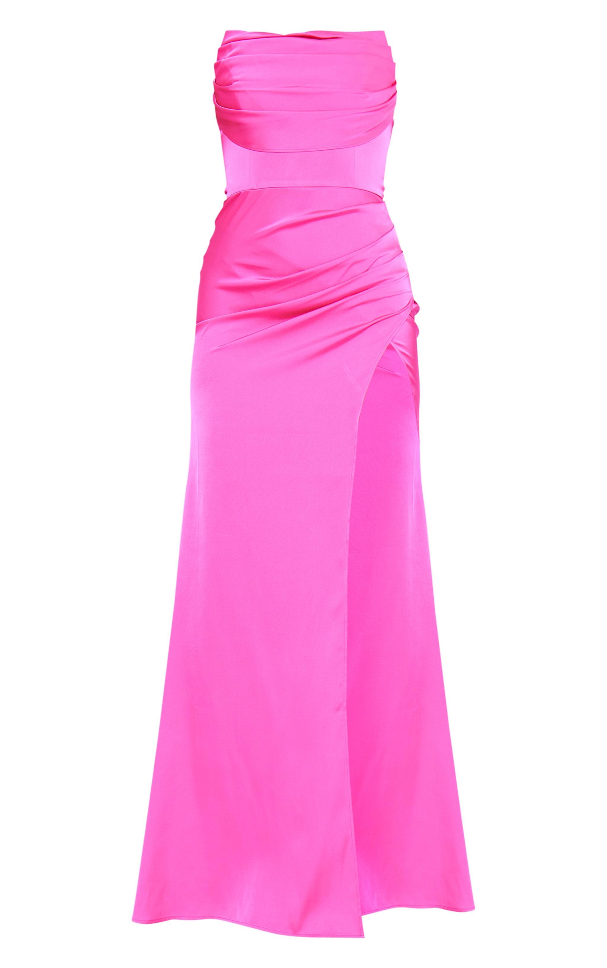 Hot Pink Satin Bandeau Corset Ruched Maxi Dress Product Image