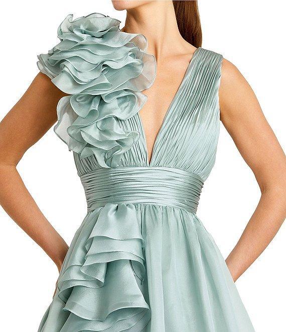 Mac Duggal Deep V-Neck Sleeveless Ruffled Shoulder Ball Gown Product Image