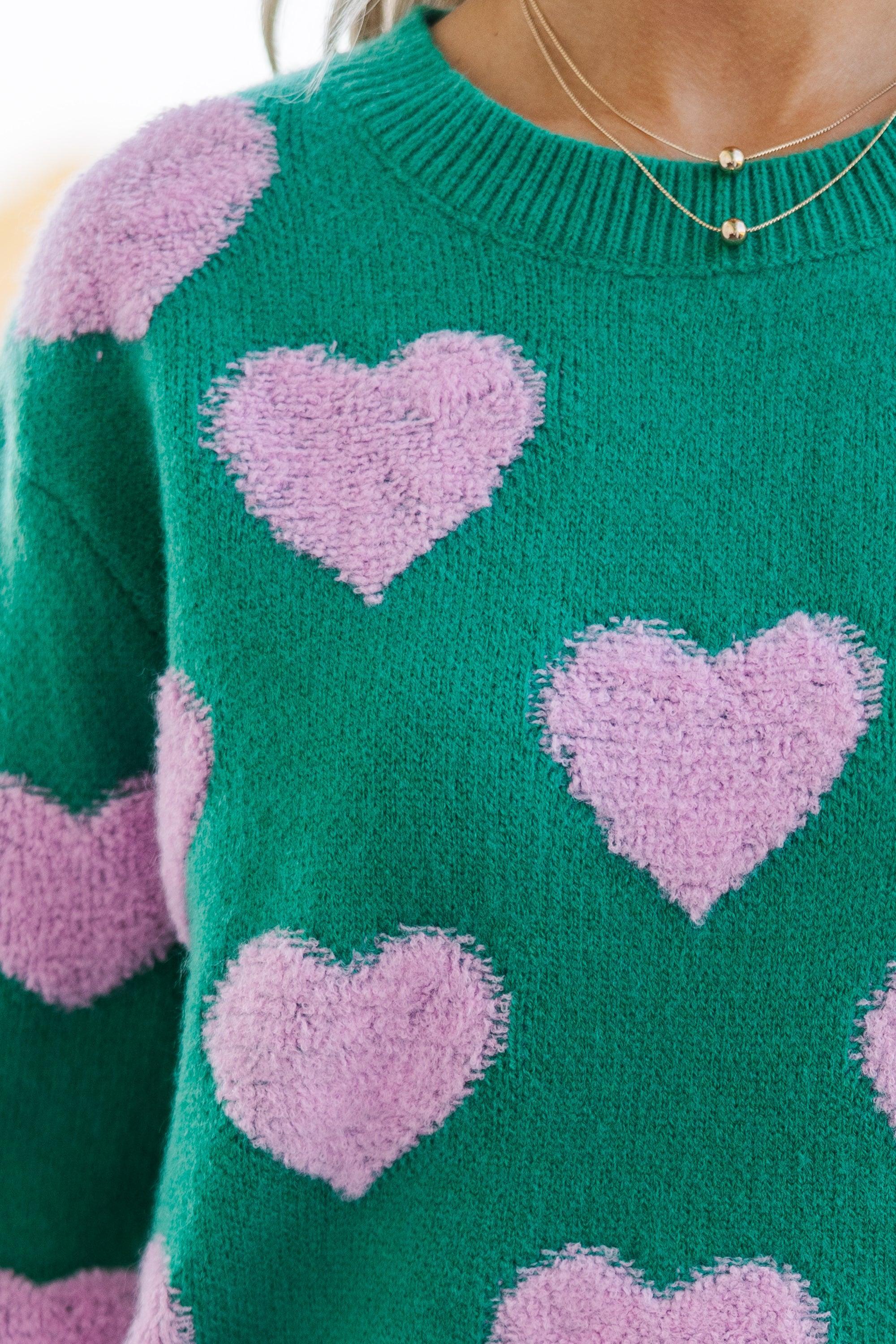 I'll Be there Green Fuzzy Heart Sweater Female Product Image