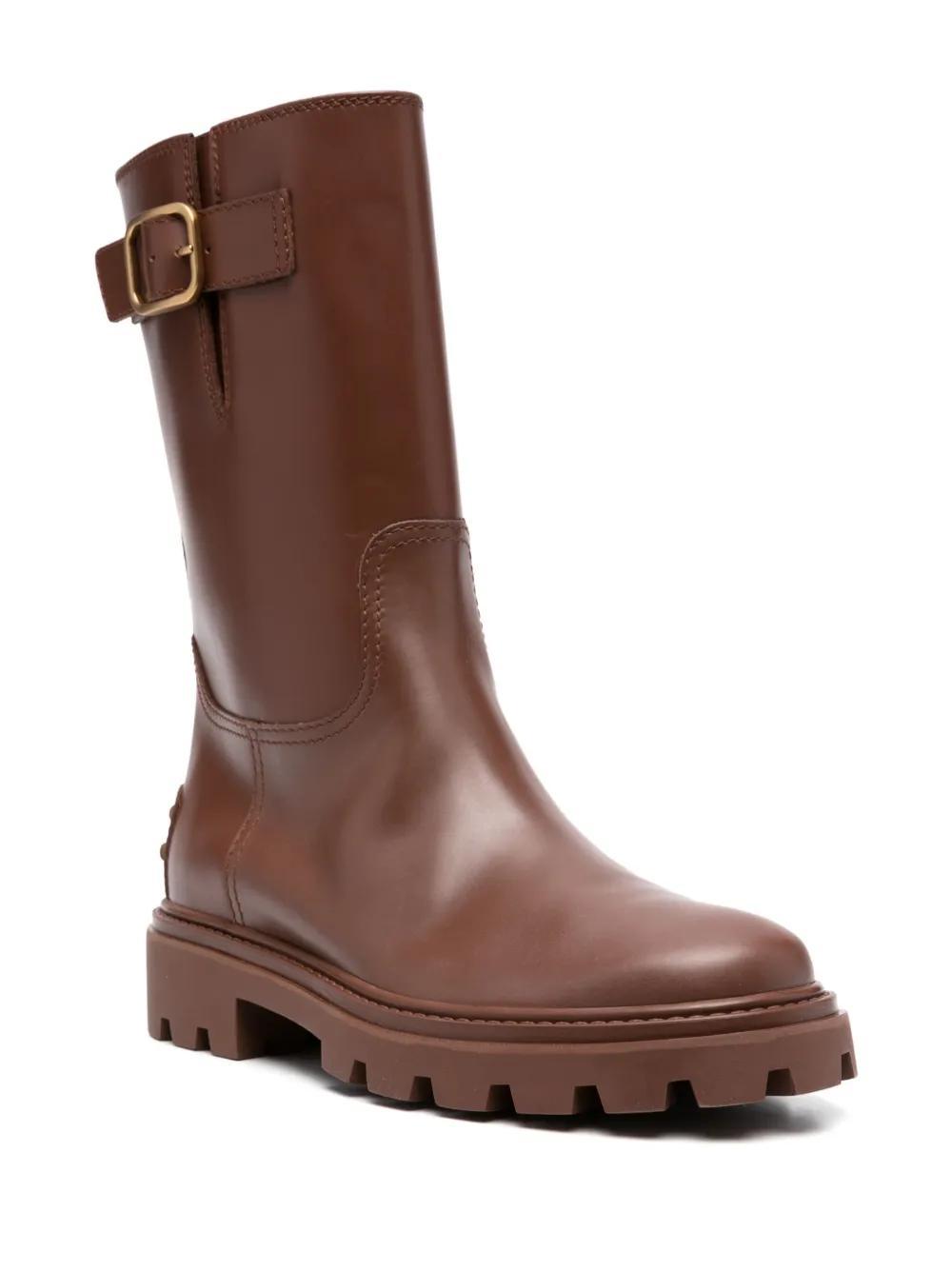 TOD'S Buckle-detail Leather Boots In Brown Product Image