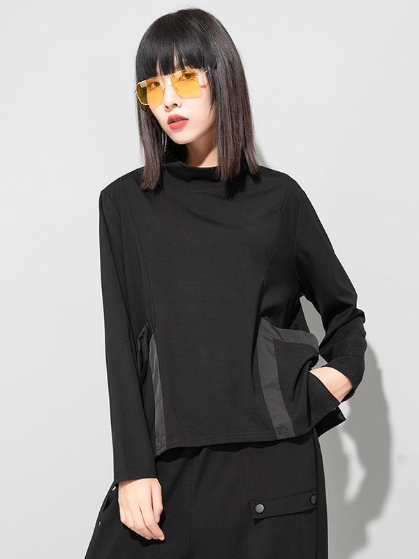 Casual Loose Long Sleeves Split-Joint Solid Color Stand Collar T-Shirts Tops Product Image