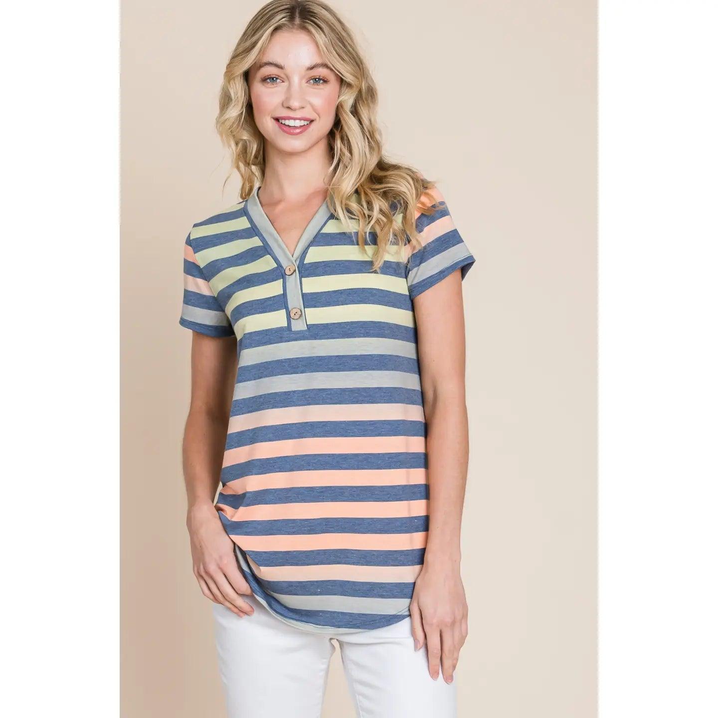 Women's Tshirt Button V-Neck Stripe Top Female Product Image