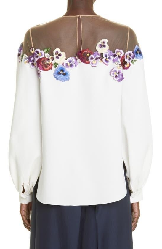 OSCAR DE LA RENTA Pansy Embroidered Illusion Cold Shoulder Stretch Silk Blouse In Ivory Multi Product Image