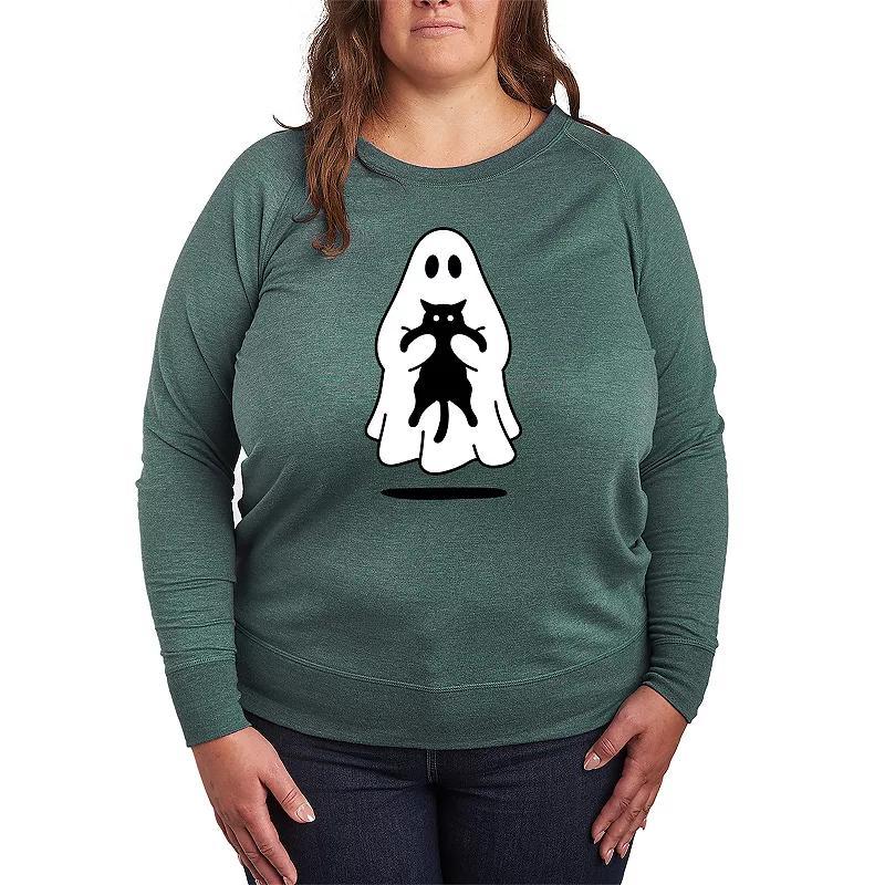 Plus Size Ghost Holding Black Cat French Terry Long Sleeve Tee, Womens Product Image