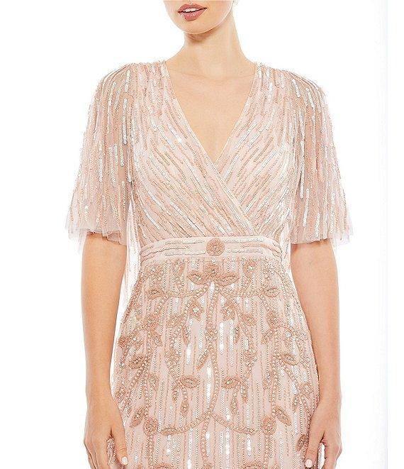 Mac Duggal V-Neck Capelete Sleeve Beaded A-Line Gown Product Image