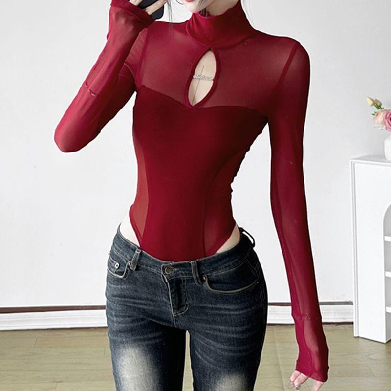 Long-Sleeve Turtleneck Cutout Mesh Bodysuit Top Product Image