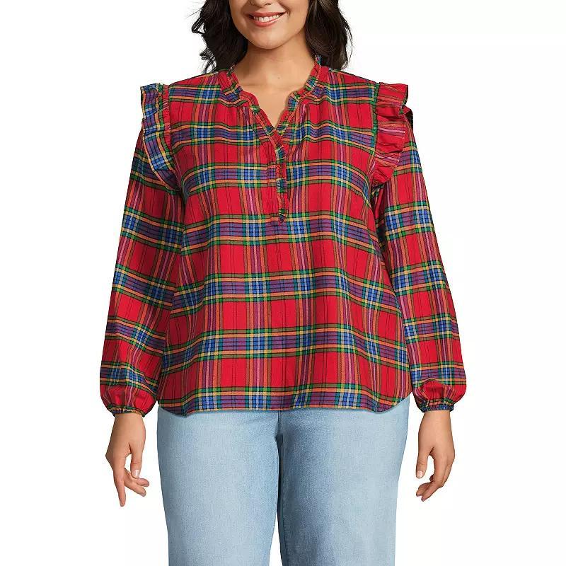 Plus Size Lands' End Ruffle Front Flannel Popover Blouse, Women's, Size: 1XL, Ivory Portobello Product Image