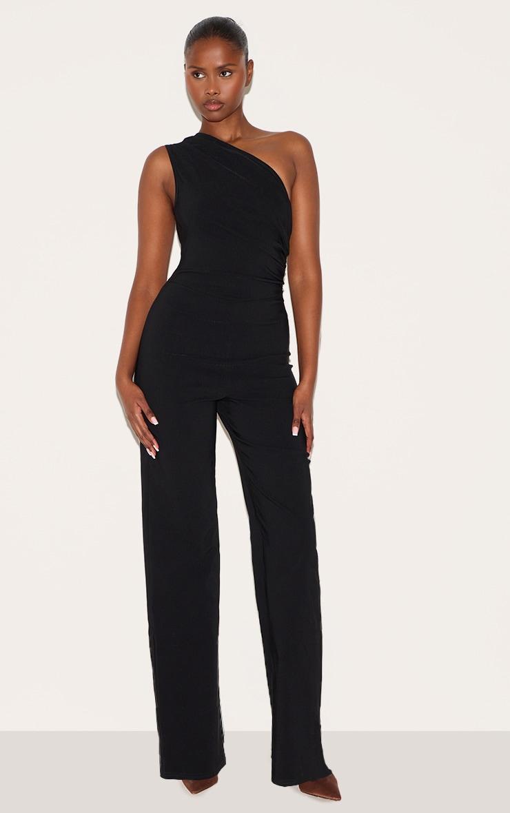 Black Stretch Woven One Shoulder Ruched Flared Jumpsuit Product Image