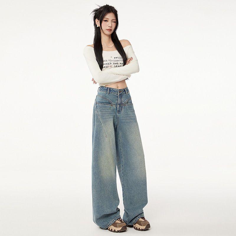 High Rise Washed Wide Leg Jeans (Various Designs) Product Image