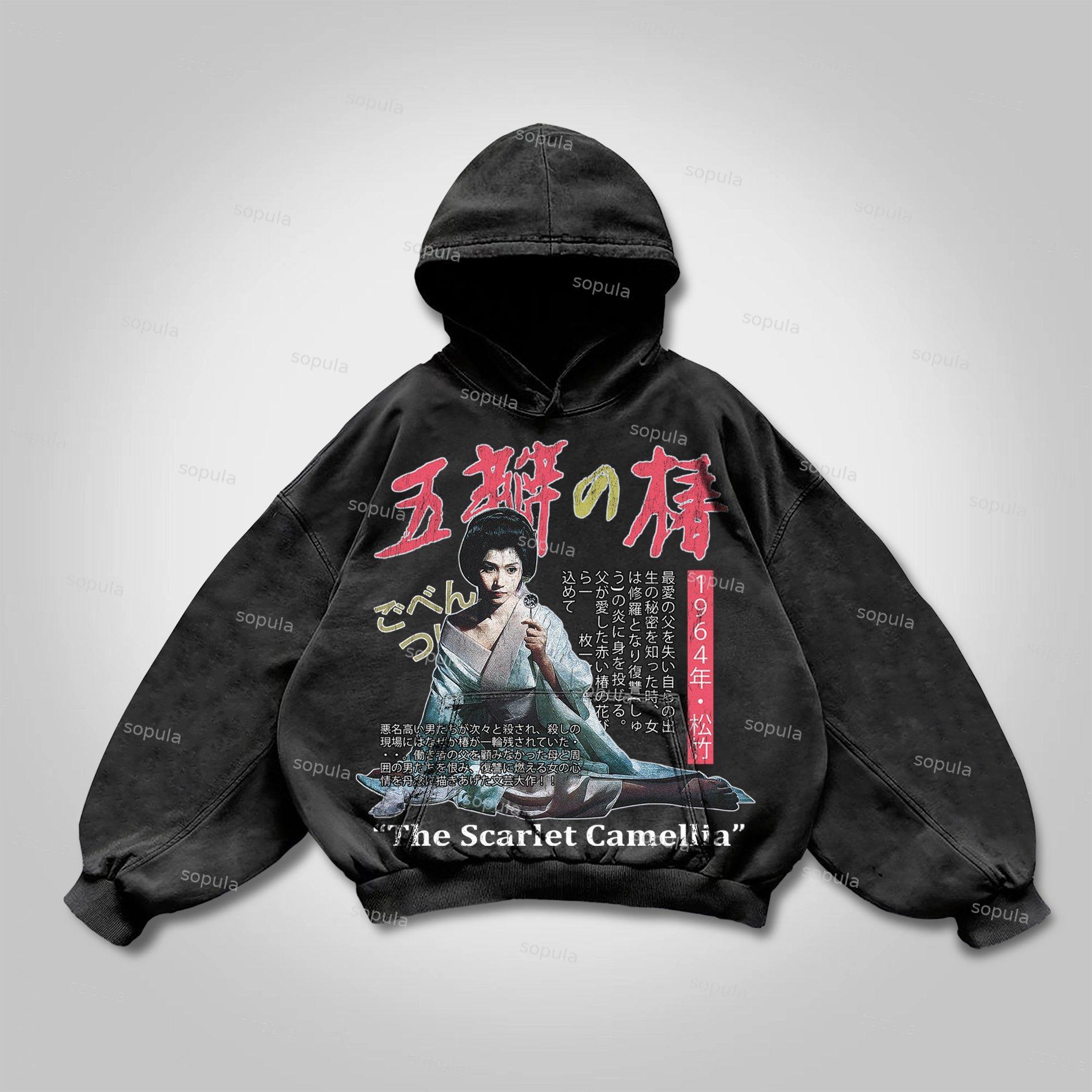 Sopula The Scarlet Camellia Vintage Graphics Washed Distressed Pocket Hoodie Product Image