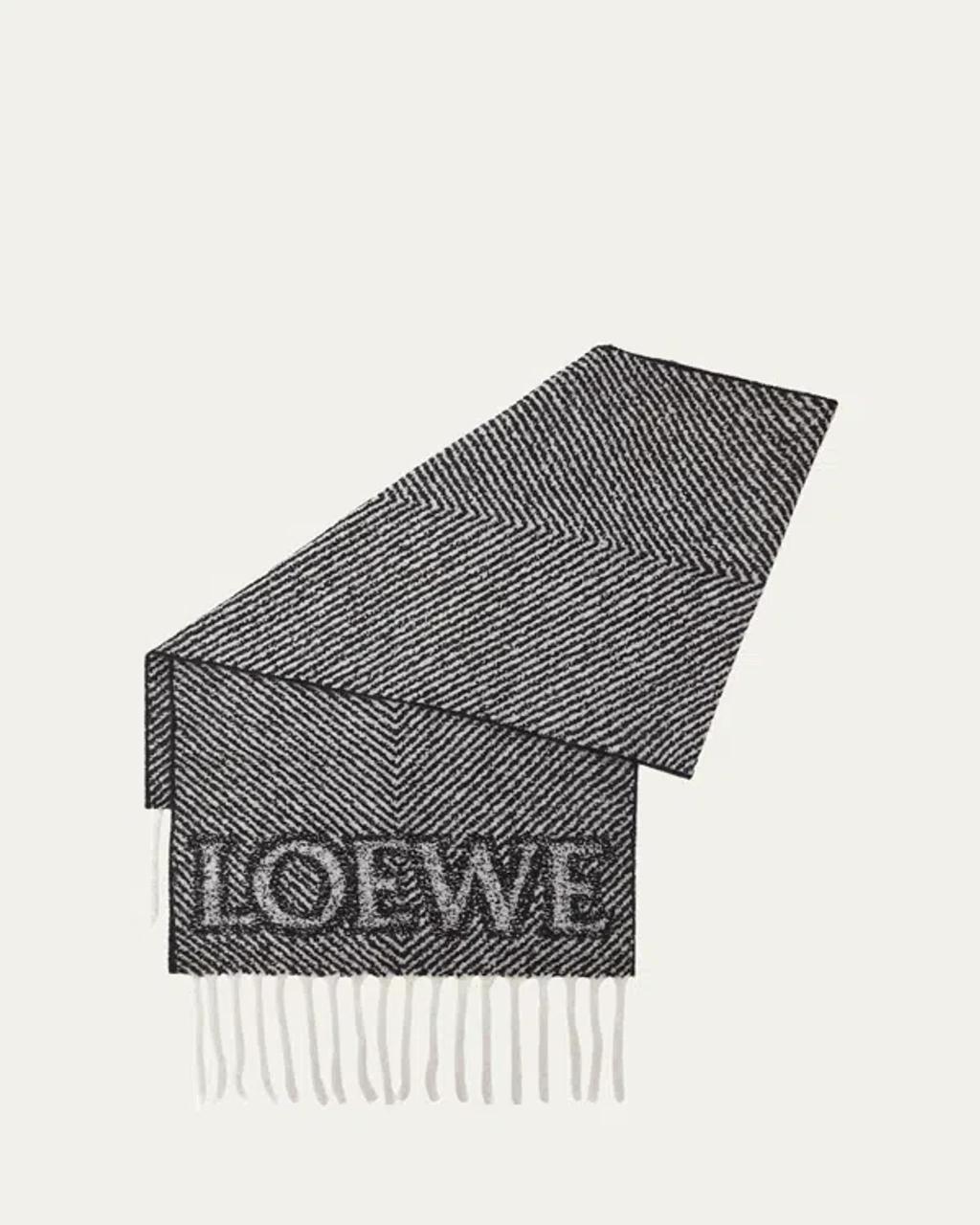 LOEWE Logo Fringe Wool-blend Scarf In Black/white Product Image