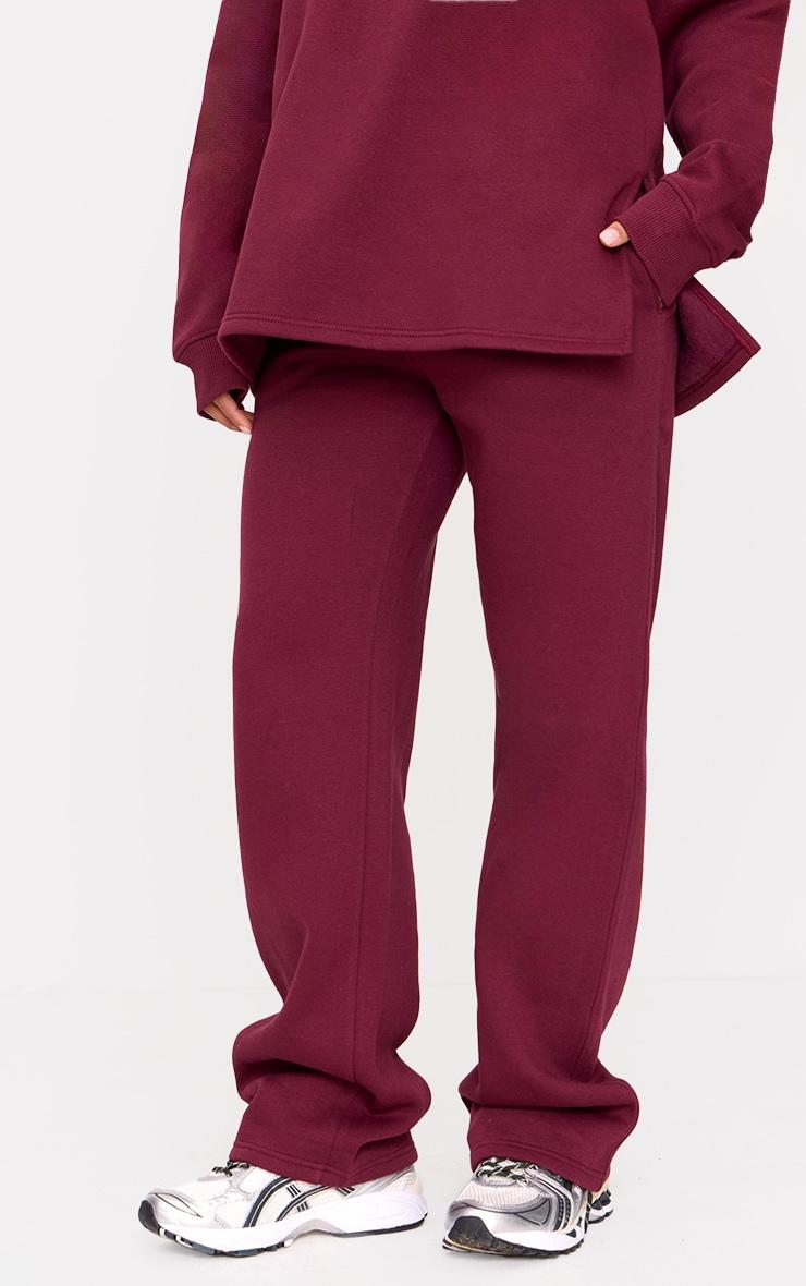 Burgundy Shirred Waist Seam Front Wide Leg Sweatpants Product Image