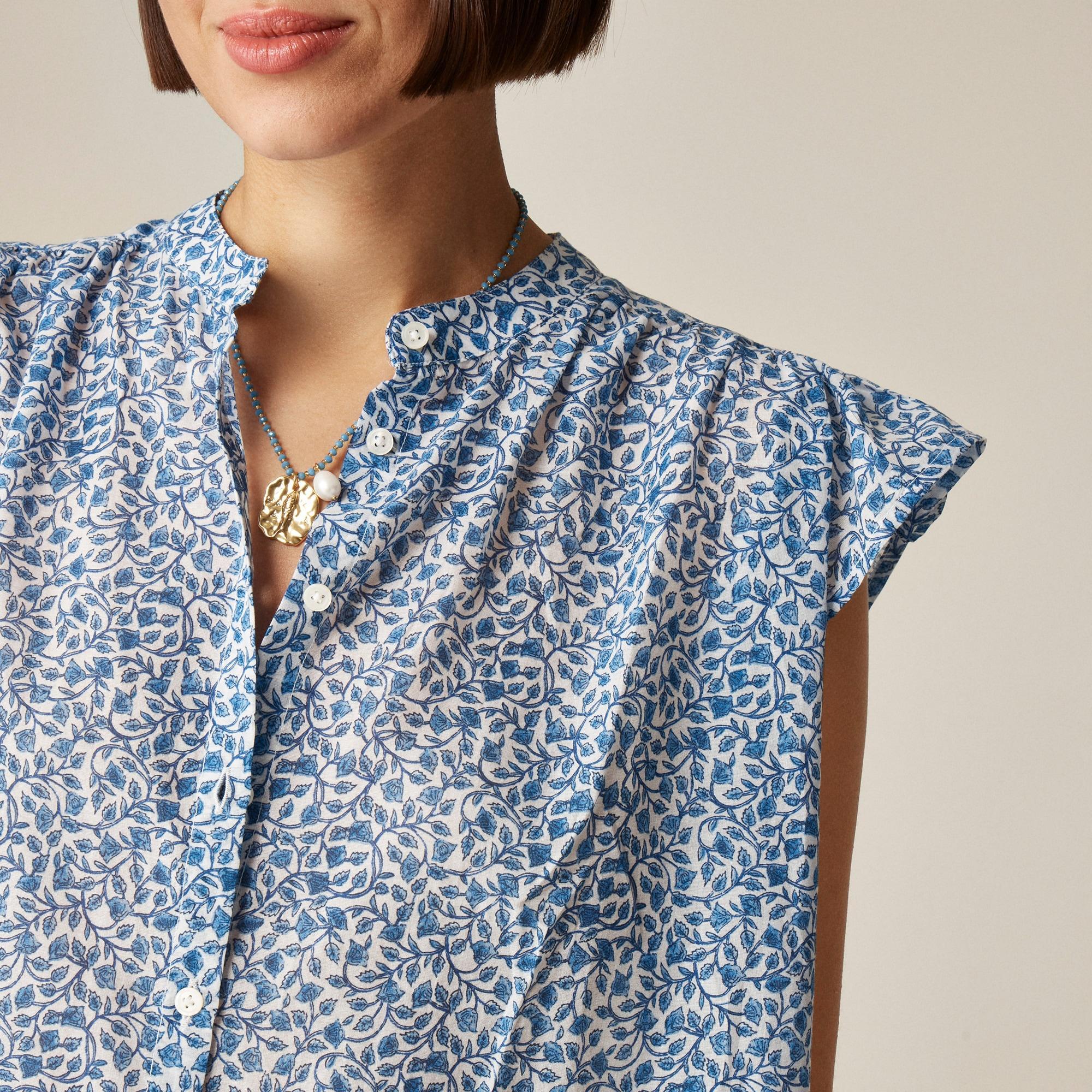 Flutter-sleeve button-up shirt in block-print cotton voile Product Image