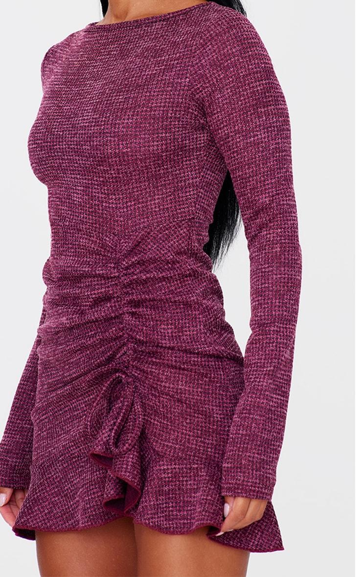 Burgundy Textured Long Sleeve Ruched Detail Shift Dress Product Image