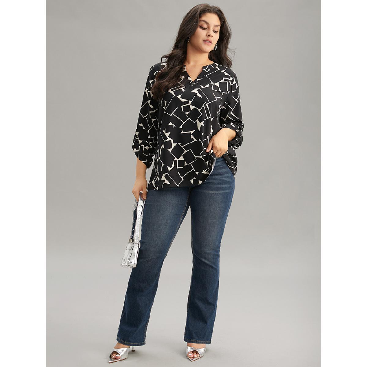 Plus Size Black Geometric Notched Tab Sleeve Blouse Women Office Elbow-length sleeve Notched collar Work Blouses BloomChic 22-24/3X Product Image