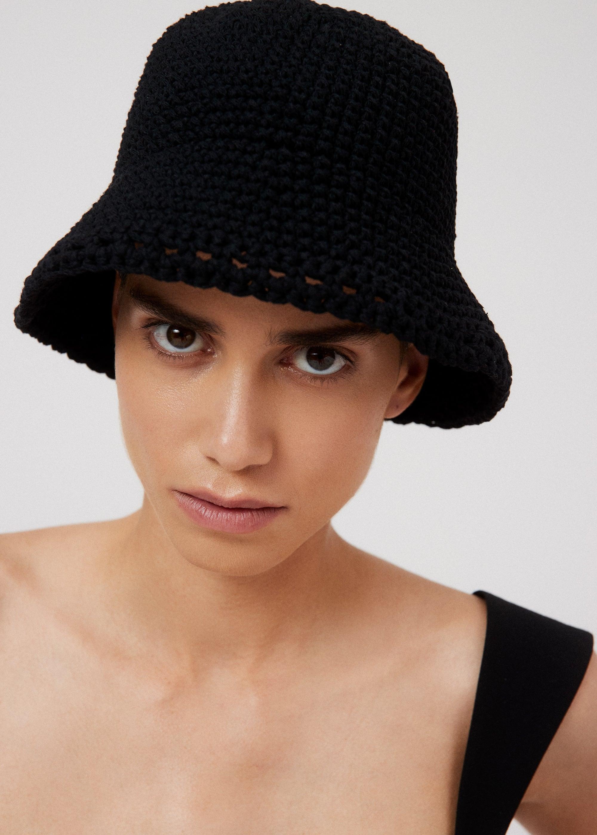 Handmade wide brim crochet bucket hat in black Product Image