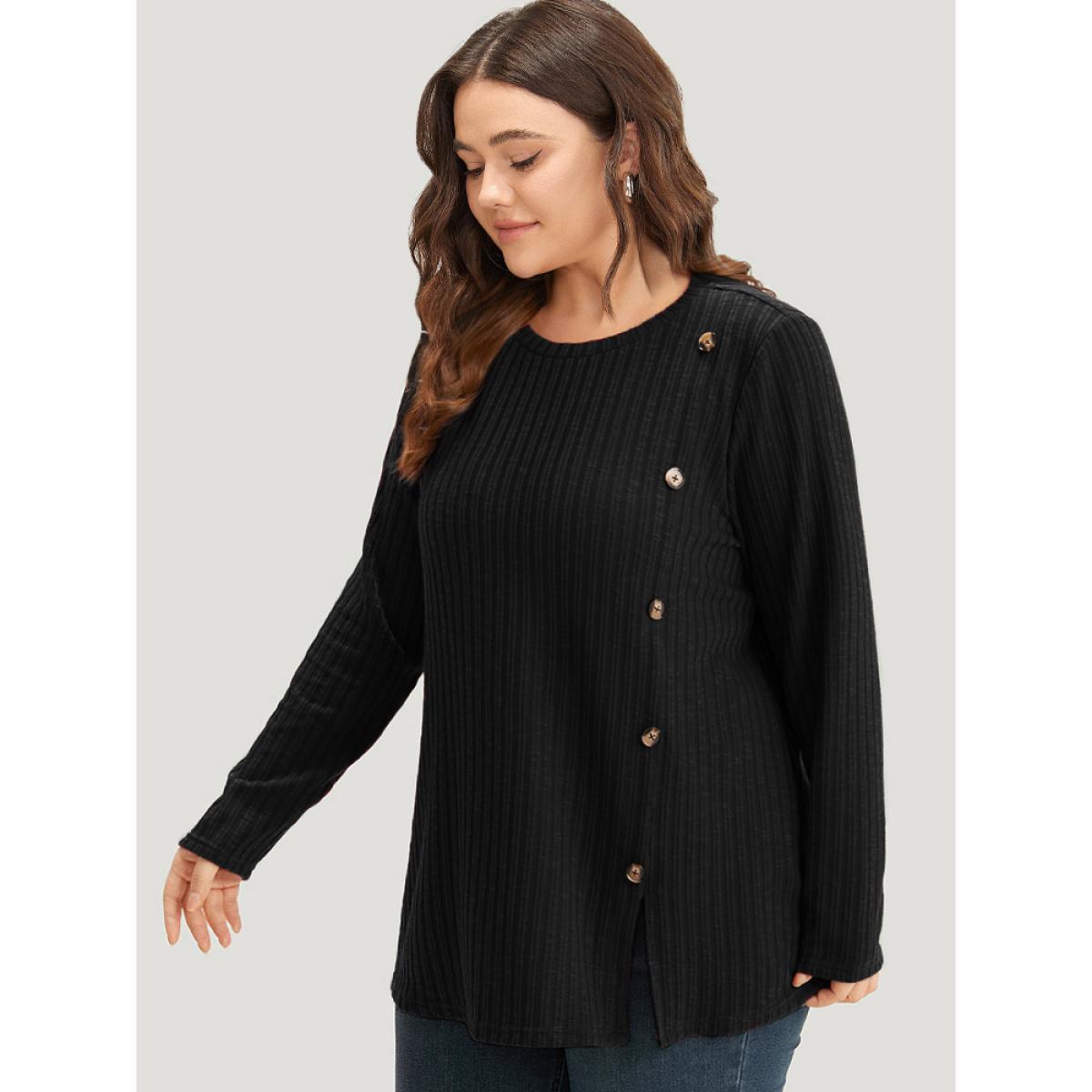 Plus Size Rib Knit Button Detail Split Side T-shirt Black Women Casual Texture Plain Round Neck Dailywear T-shirts BloomChic 18-20/2X Product Image