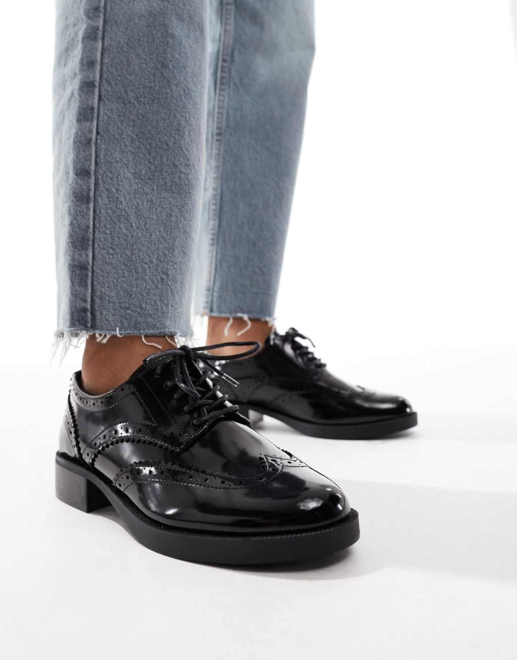 ASOS DESIGN Wide Fit Manny lace-up flat shoes in black Product Image