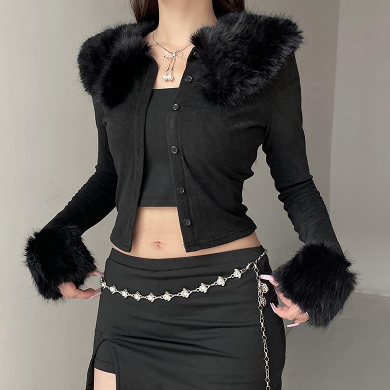 Collared Plain Panel Faux Fur Button Jacket Product Image