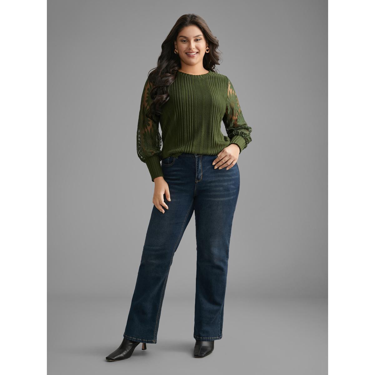 Plus Size Texture Lace Patchwork Mesh T-shirt DarkGreen Women Elegant Texture Round Neck Everyday T-shirts BloomChic 12/L Product Image