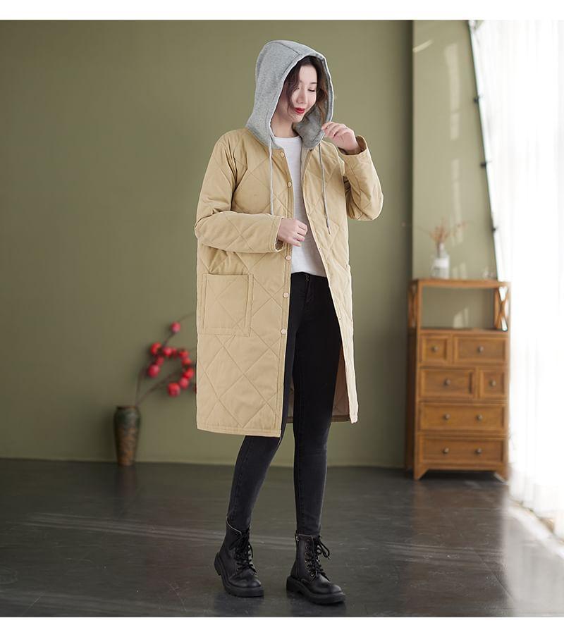 Plain Hooded Quilted Midi Single-Breasted Jacket Product Image