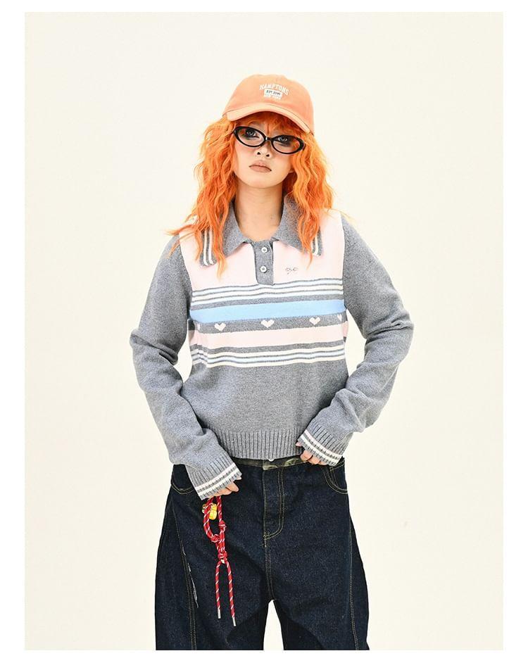 Polo Collared Heart Striped Crop Sweater Product Image