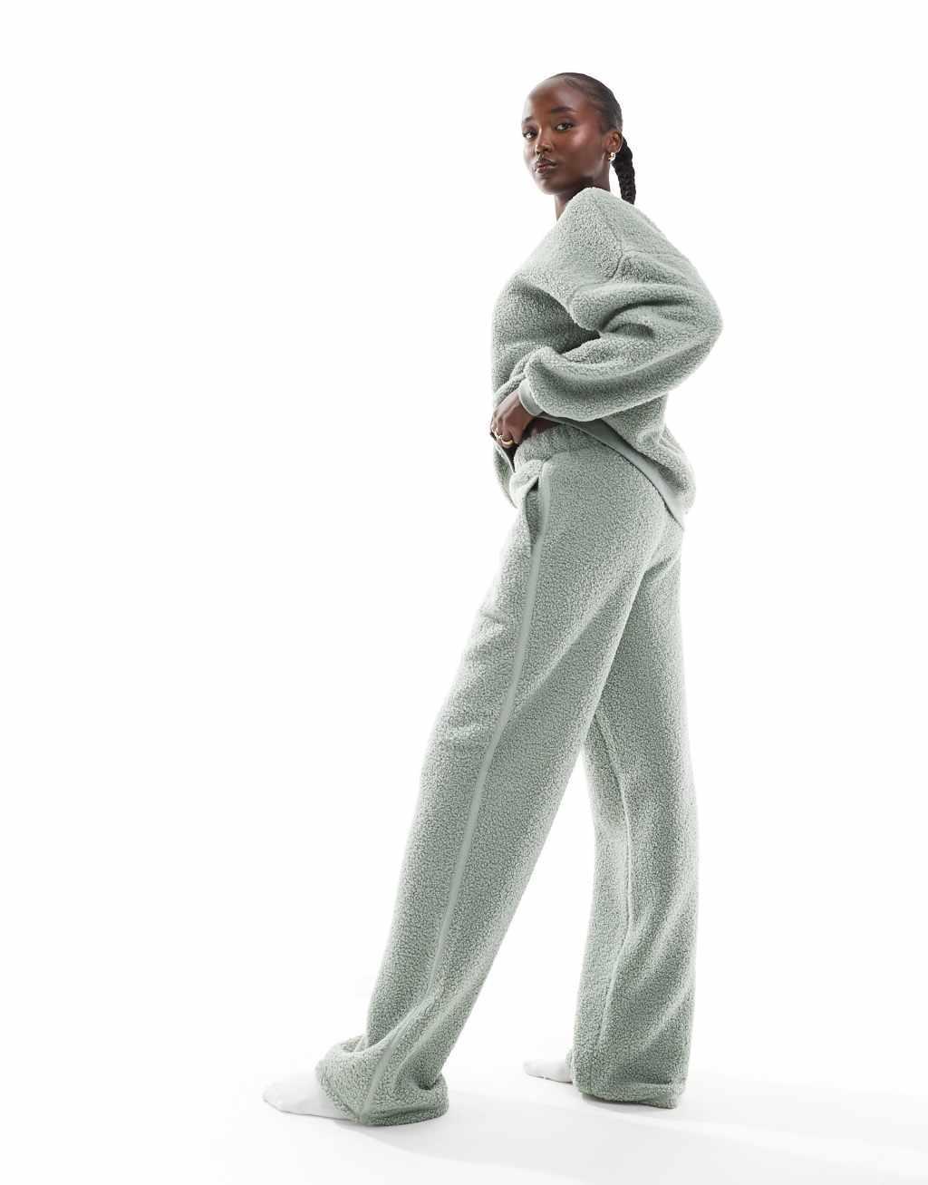 ASOS DESIGN Tall lounge borg sweat & wide leg pants set in sage Product Image